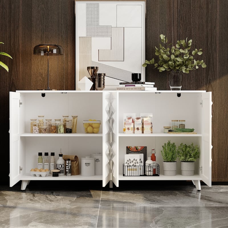 Geometric 4-Door Sideboard Buffet Cabinet with Adjustable Shelves, White Finish