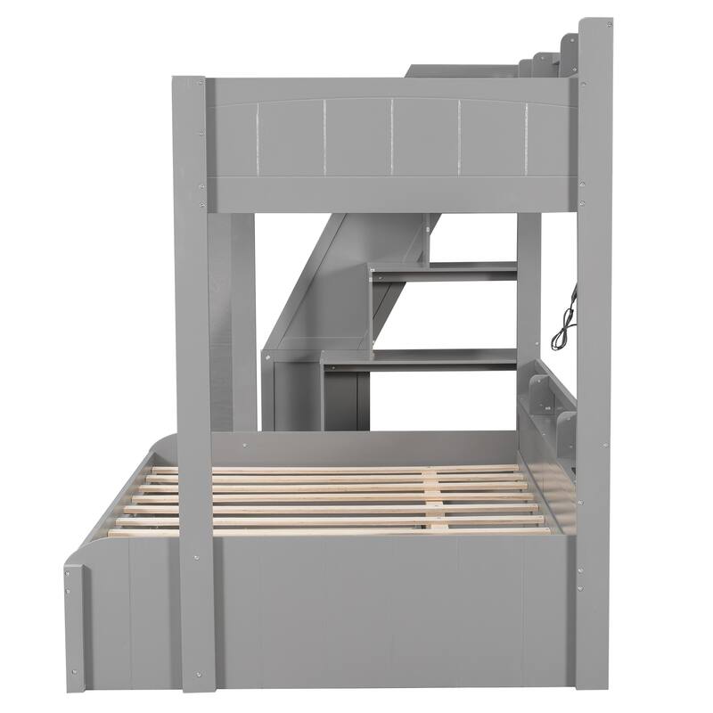 Twin Over Full Size Bunk Bed with Built-in 3-in-1 Storage Shelves and Charging Station, Pull-out Trundle, Storage Staircase
