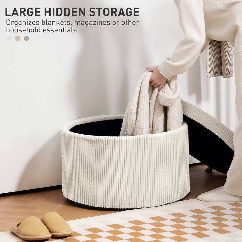 Large Corduroy Storage Ottoman with Hidden 25.6 Gal Compartment and Foam Seat Steel Frame