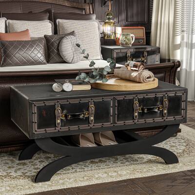 COZAYH Vintage Ottoman Coffee Table, Mid-Century Faux Leather Footrest Stool Storage Ottoman Bench,End Table, Dark Espresso