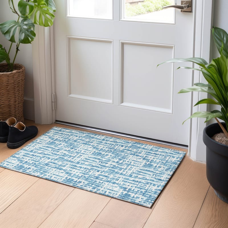 Machine Washable Indoor/ Outdoor Modern Crosshatch Chantille Rug - Teal - 1'8" x 2'6"
