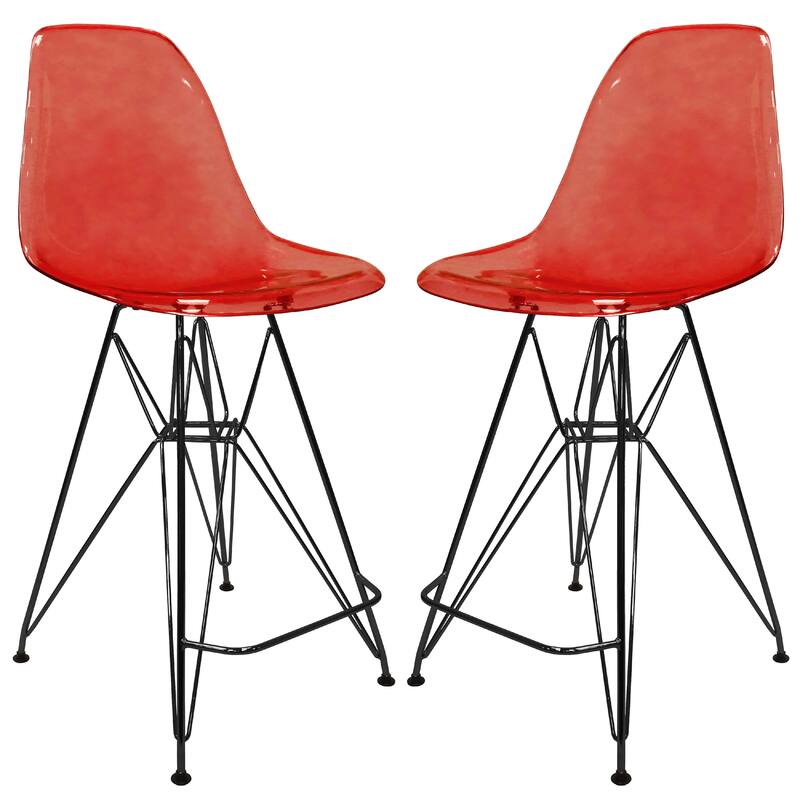 Cresco Acrylic Barstool in Brushed Black Steel Base with Ergonomic Seat, Footrest, & Floor Pads for Kitchen or Home Bar Set of 2 - Transparent Red