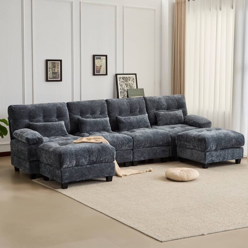 119" Chenille Sectional Sofa with 2 Ottomans and 4 Pillows, Adjustable Backrests - Blue