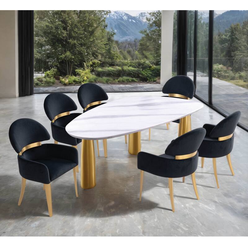 Furniture of America Luvien Modern 7-Piece White Sintered Stone Top Oval Dining Table Set - Black Chair