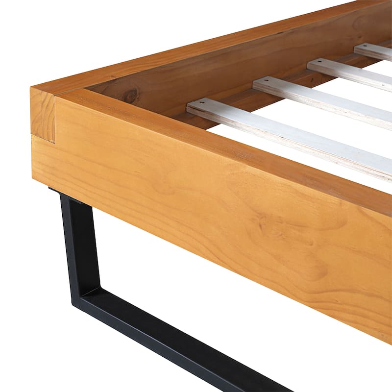 Rustic Pine Wood Platform Bed with Headboard, Wooden and Metal Queen/King Bed Frame, Wood Slats Support, No Box Spring Needed