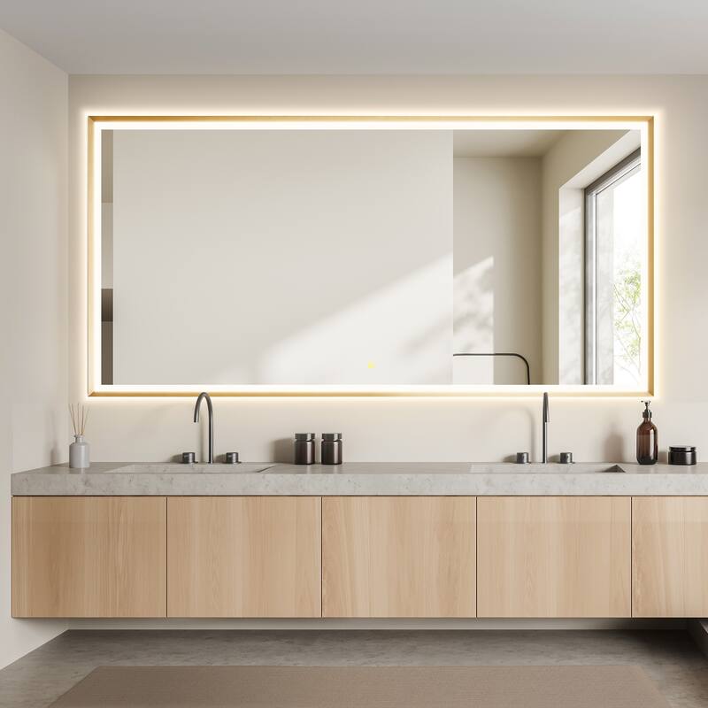 Apollo Rectangular Anti-Fog Dimmable Modern Bathroom/Vanity LED Lighted Wall Mirror in Brushed Gold Aluminum Framed