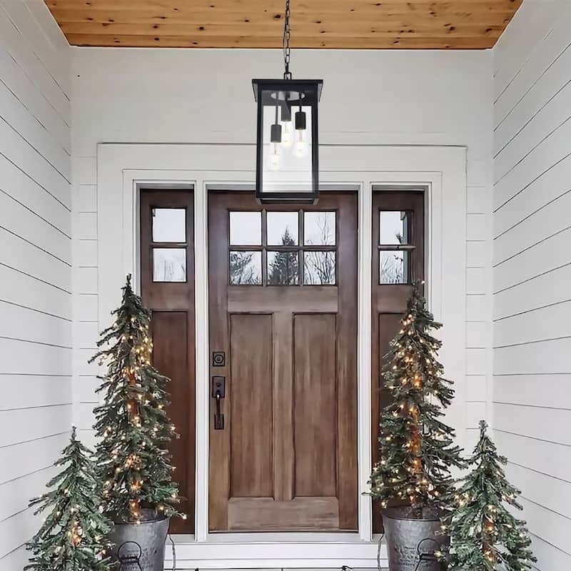 Black Outdoor Pendant Light Fixture, Exterior Chandelier Hanging Lantern for Front Porch, Anti-Rust Waterproof