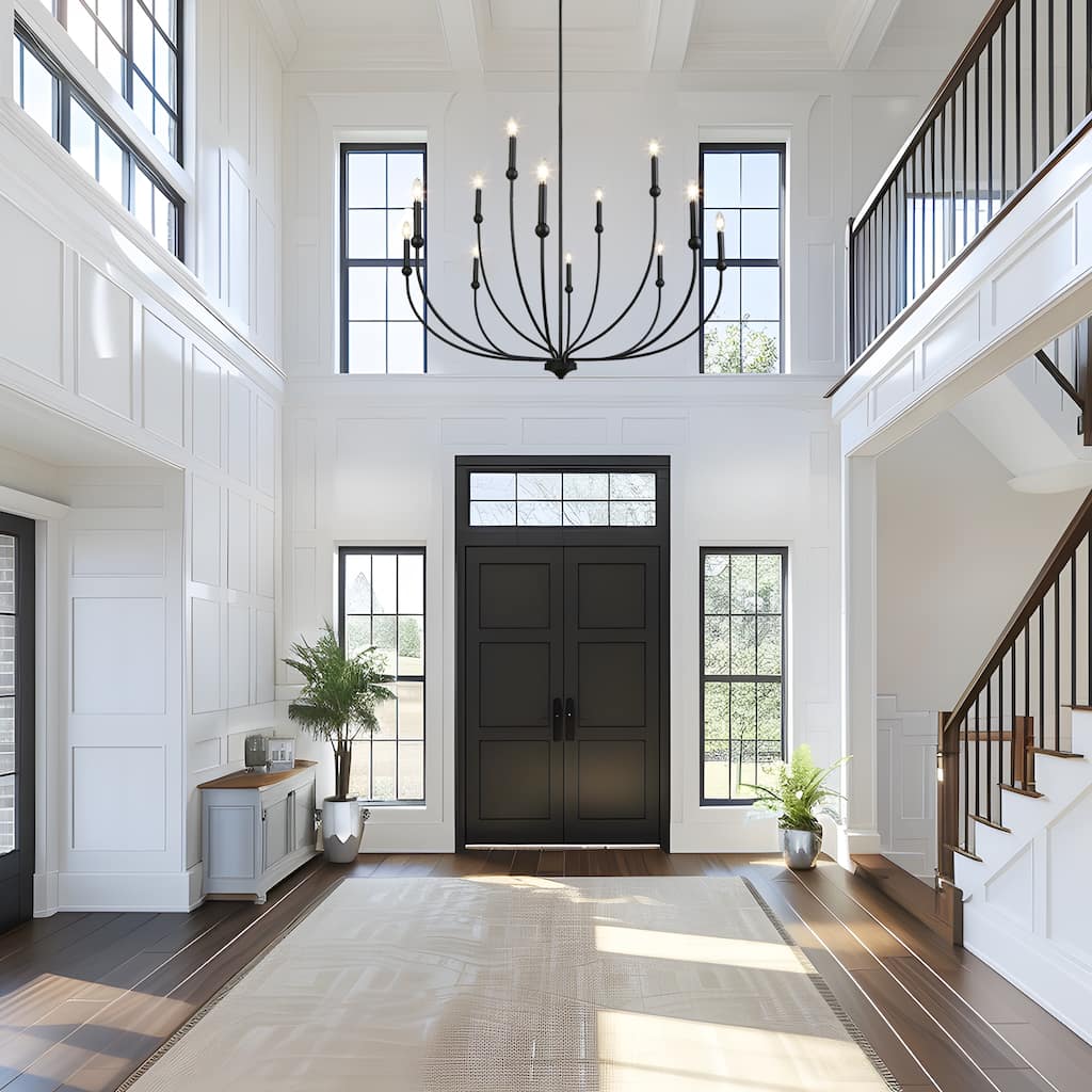 Oriea Modern Transitional 2-Tier 12-Light Black Wheel Chandelier for Large Living Dining Room Entryway - Dia. 48.8" x H 31.5"