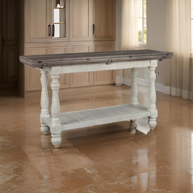 Flip Top Wooden Sofa Table with Open Bottom Shelf, Brown and Antique White