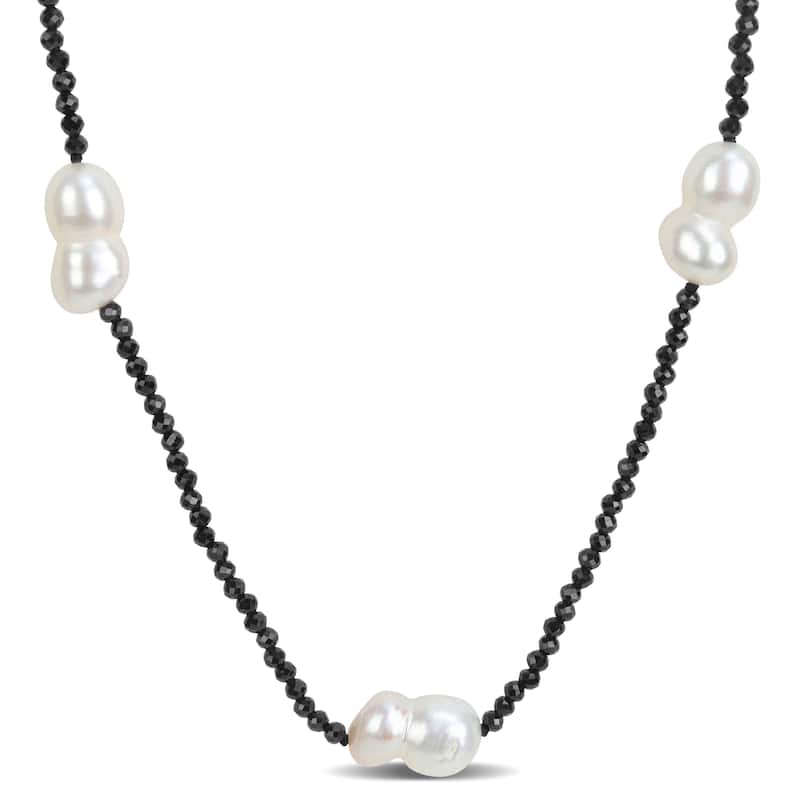 Miadora 12-14mm Cultured Freshwater Pearl Black Spinel Station Necklace Sterling Silver - 20 in