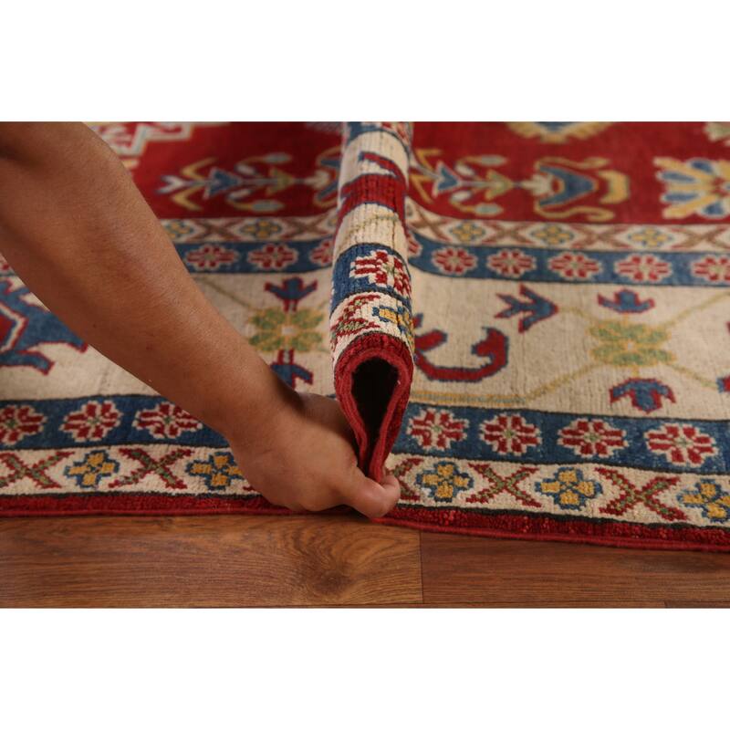 Red Geometric Kazak Oriental Area Rug Handmade Wool Carpet - 9'0"x 11'11"