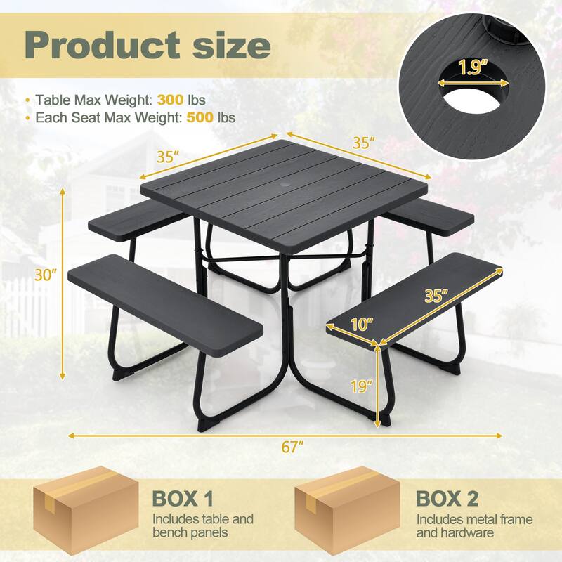 Gymax Outdoor Picnic Table 8-person Square Picnic Table Bench Set w/ 4