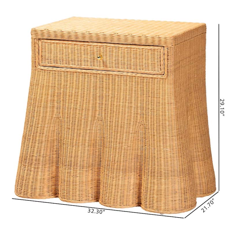Chica Scalloped Natural Rattan Console Table with Drawer - Handwoven Wicker Accent Table with Flared Skirt, Coastal Boho Style