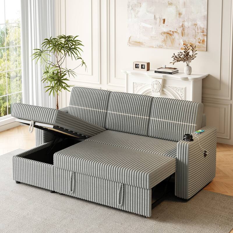 85 Inches Corduroy Sofa Bed, 3 Seater Sleeper Sofa with Storage Chaise