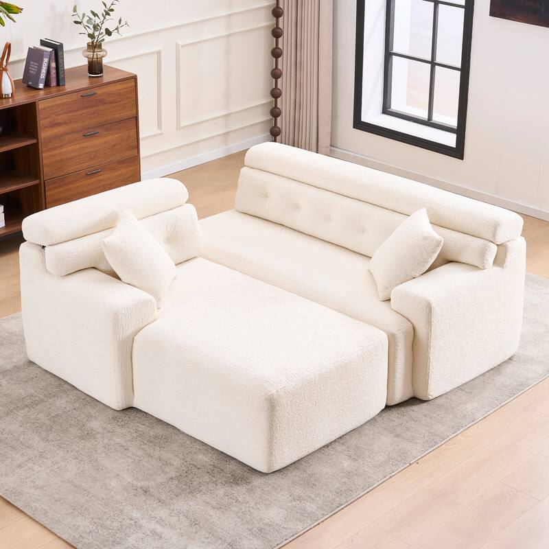 Set of 2 Single Chaise Lounge Convertible into L-shaped Sectional Sofa, Chenille Floor Couch Sleeper Sofa Bed with Pillows
