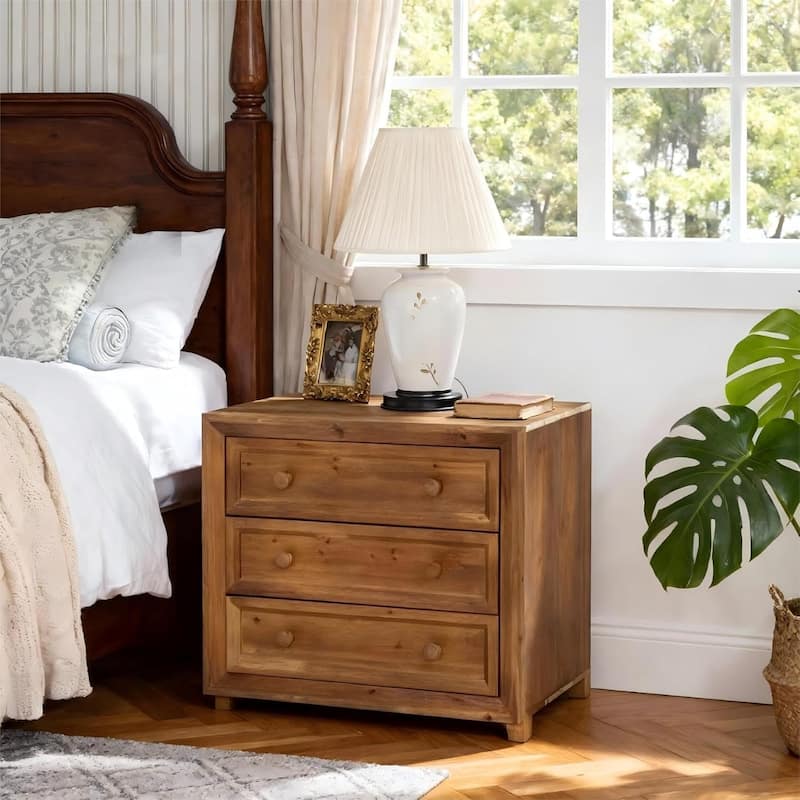 Solid Wood Nightstand with 3 Drawers, Mid-Century Modern Night Table for Bedroom, Easy Assembly