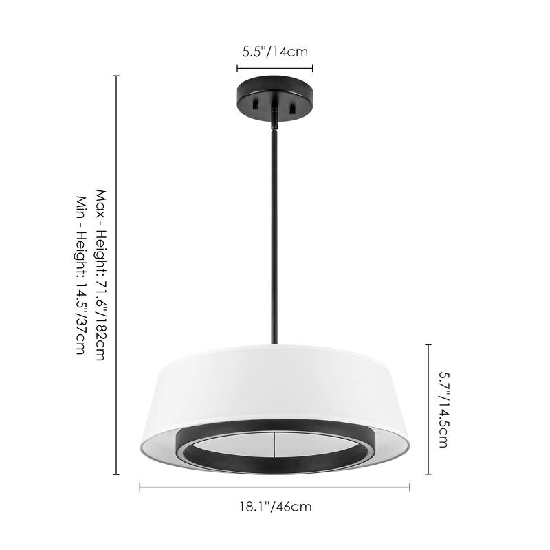 Modern Black Drum Fabric Integrated LED Pendant Light, Cylinder White Kitchen Island Lighting - 18.11 in. Dia. x 5.71 in. H