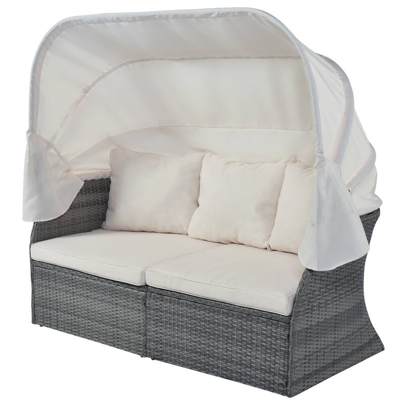 Outdoor 6-Piece Rattan Round Daybed Sunbed Set with Lift Table