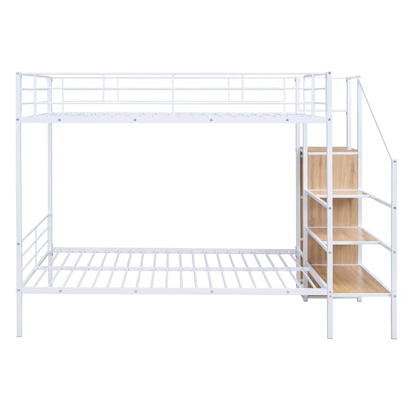 White Full over Full Size Metal Bunk Bed with Lateral Storage Ladder and Wardrobe