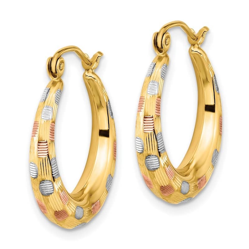 Curata 14k Yellow Gold White and Rose Rhodium Satin And Sparkle Cut Hoop Earrings 22.63x20.55mm