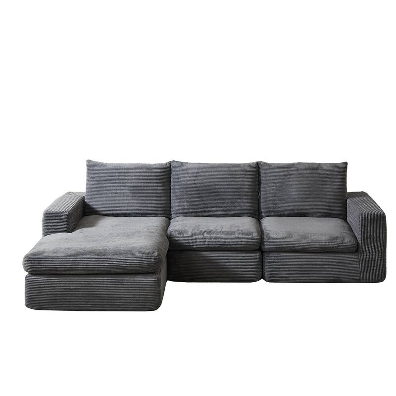 L-Shaped Sectional Sofa with Chaise Lounge, Corduroy Upholstered Boneless Couch, Module Corner Sofa with 3 Pillows