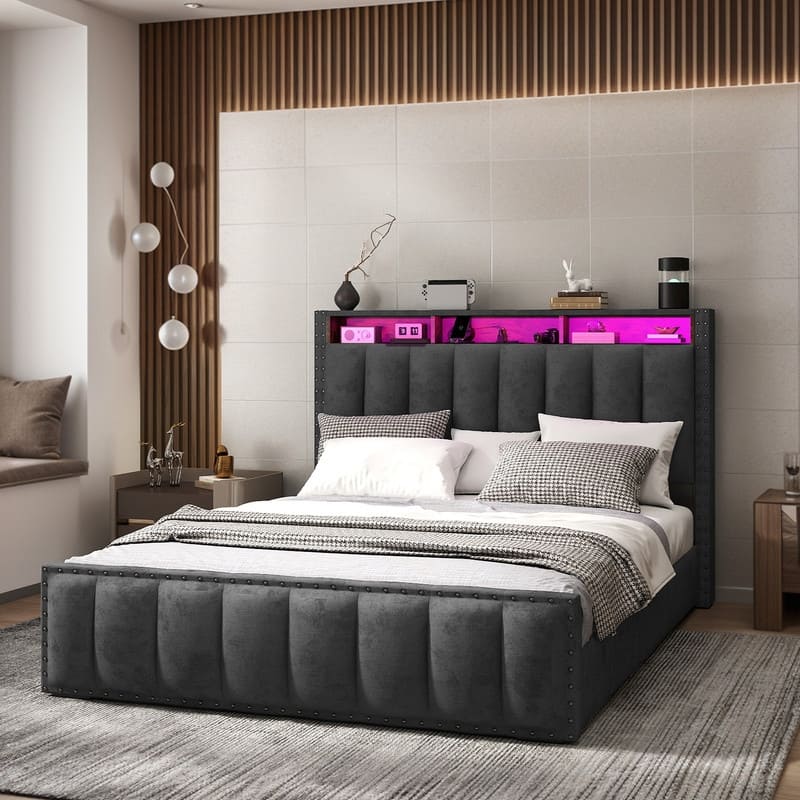 Full / Queen / King Size Platform Bed Frame with Upholstered Storage Headboard and 4 Drawers