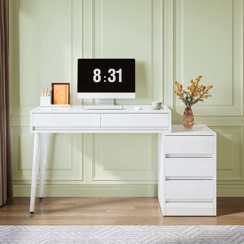 Reversible Computer Desk with Drawers, Modern Home Office Desk with Storage Drawers