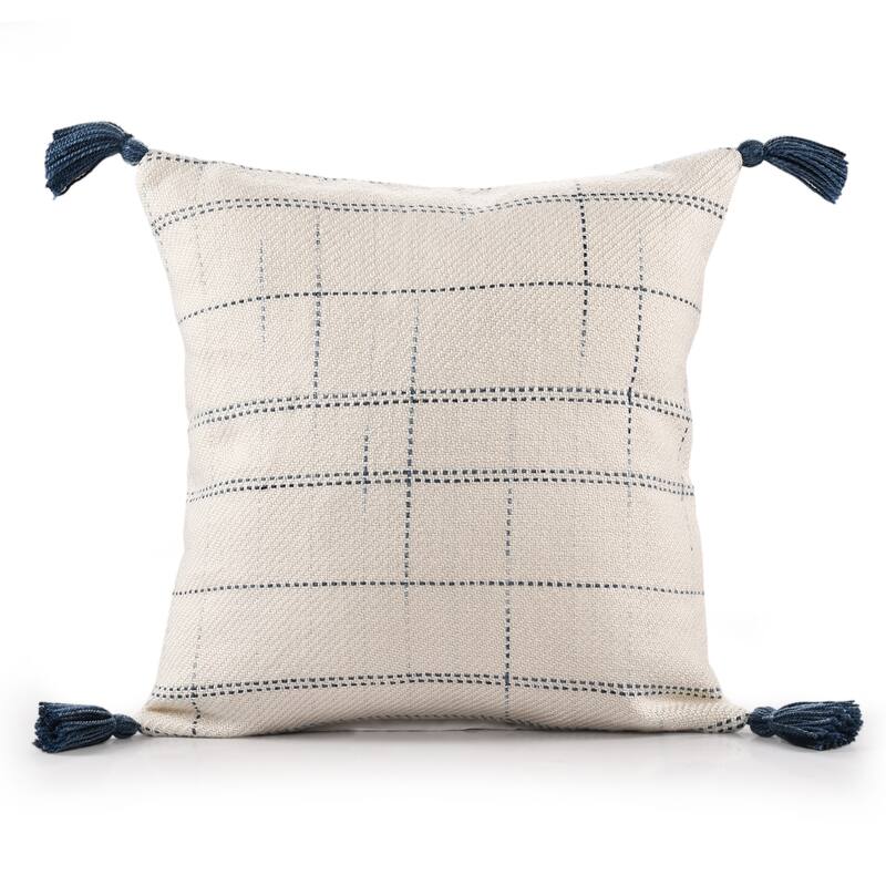 Sevita Hand-Woven Medium Ivory/Blue Geometric Polyester Indoor/Outdoor Throw Pillow