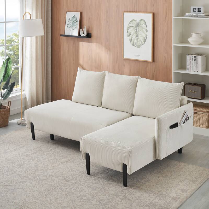79.50 inches long, Corduroy Sofa Fabric, with three matching pillows and spacious and comfortable seats