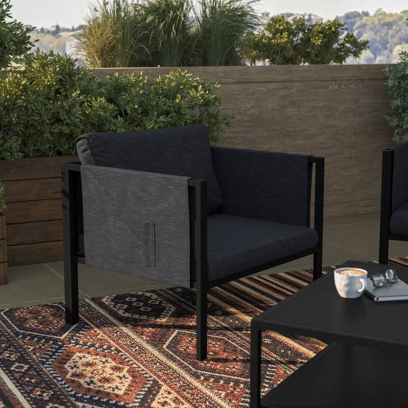 Steel Frame Patio Chair with Included Cushions & Storage Pockets - Charcoal
