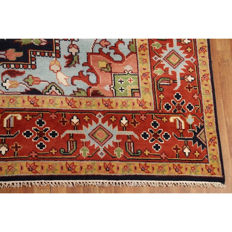 Blues & Orange Heriz Serapi Indian Area Rug Hand-Knotted Wool Carpet - 8'11"x 11'10"
