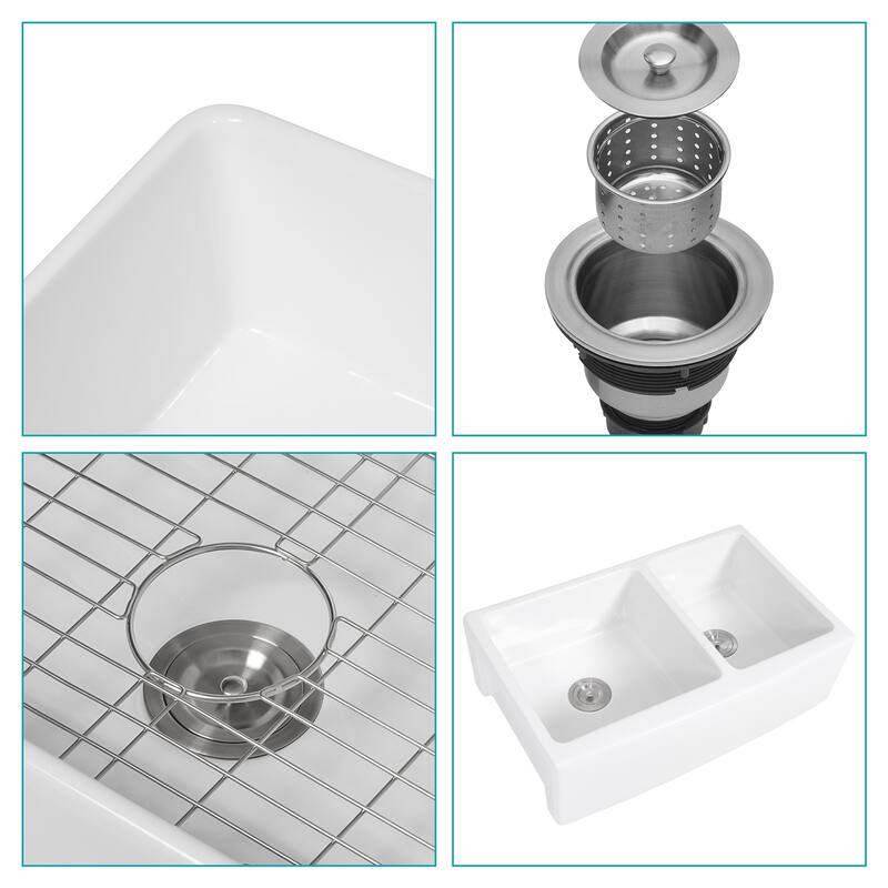 33'' Farmhouse Double Bowl Ceramic Kitchen Sink in White - 33'' x 21'' x 10''