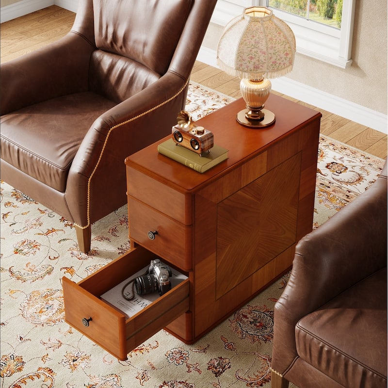 Walnut Engineered Wood Side End Table with 2 Drawers for Living Room, No Assembly Required Nightstand for Bedroom