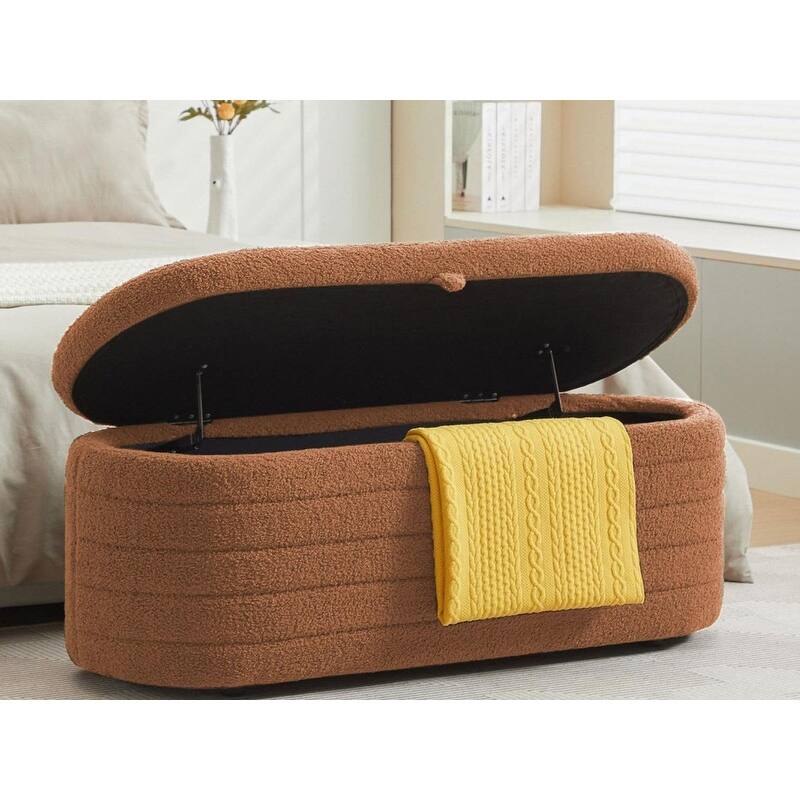 45" White Teddy Storage Ottoman Bench for Living Room Bedroom,Oval Sherpa Storage Bench Ottoman Foot Rest Anti-slip Legs - 45" - Orange