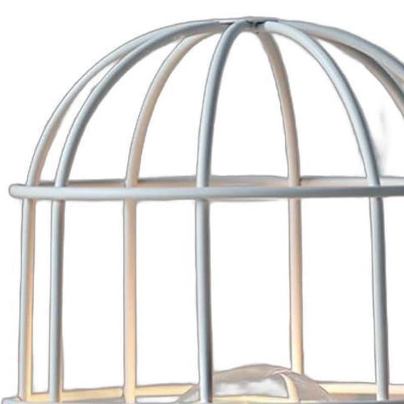HomeRoots 10" White Battery Operated Lamp With Cage Cylinder Shade - 5.50 in. x 10.00 in. x 5.50 in.