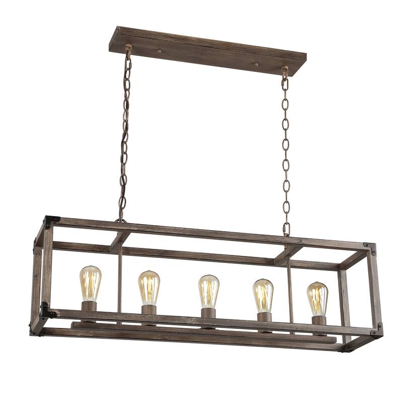 Zeniba 36" 5-Light Linear Adjustable Iron Rustic Farmhouse LED Pendant, Brown by JONATHAN Y