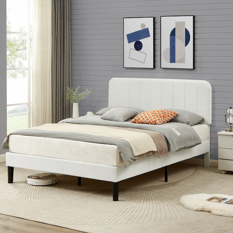 Javlergo Upholstered Adjustable Headboard Velvet Platform Bed Quiet Heavy-Duty Bed Frame No Box Spring Needed