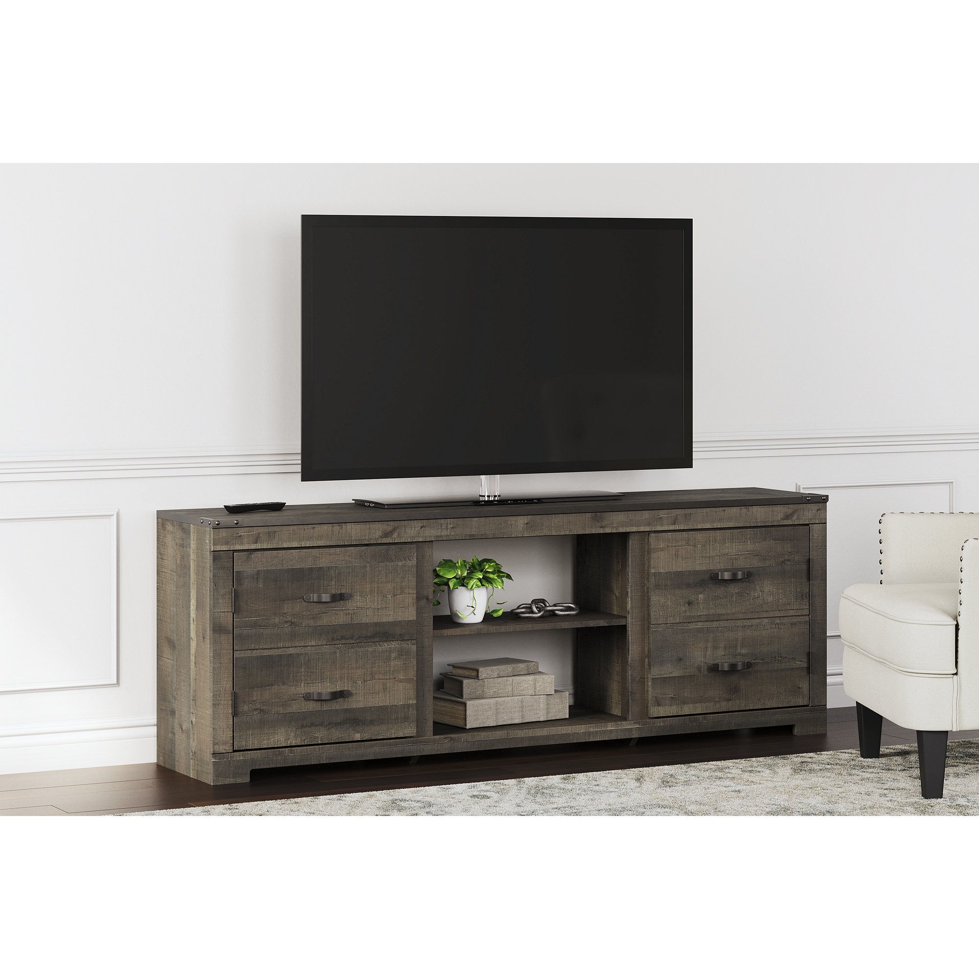 Signature Design by Ashley Trinell Brown Large TV Stand for TVs up to 82 inch with Fireplace Option - 72 inches in width