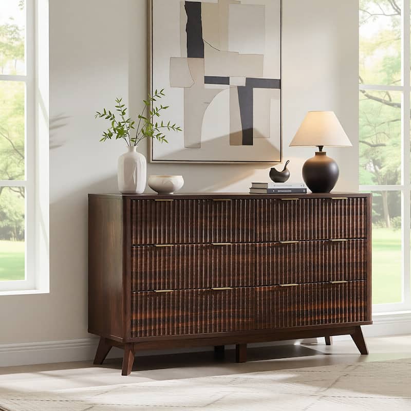 Fluted 6 Drawers Dresser, Modern Chest of Drawers, for Bedroom - Walnut