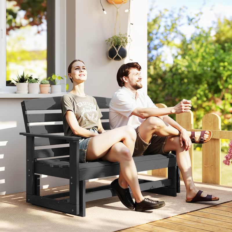 Outsunny 2-Person Outdoor Glider Bench Patio Double Swing Rocking Chair Loveseat w/ Slatted HDPE Frame - Black