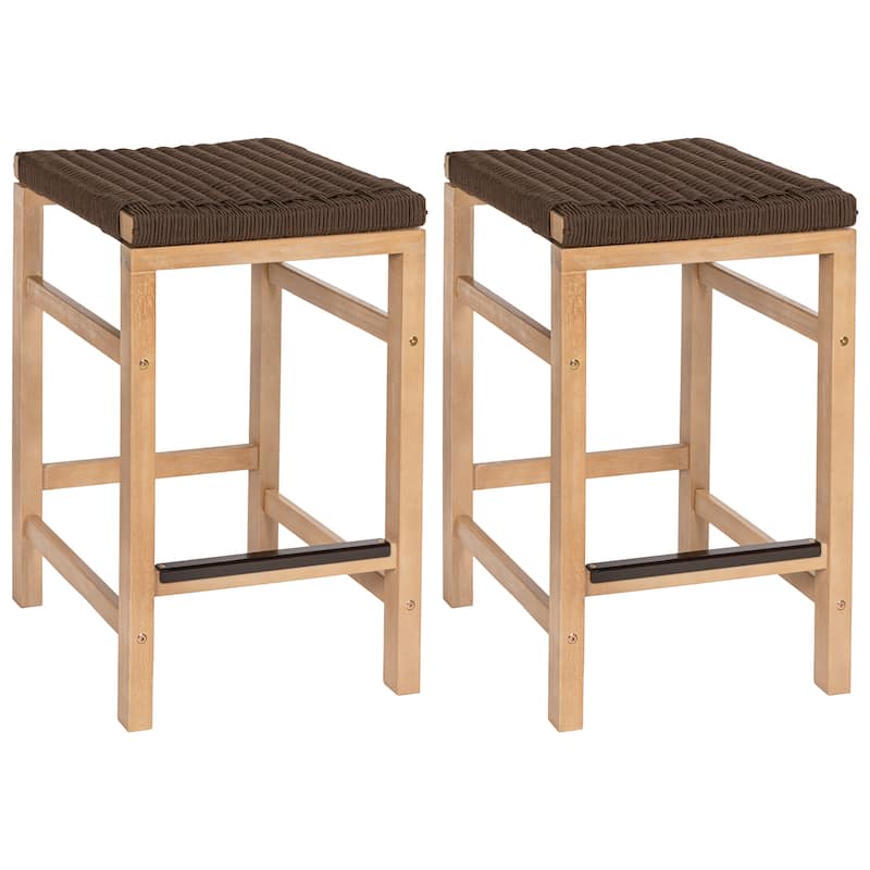 Armand Backless Acacia Wood Outdoor Stool with Woven Rope Seat, (Set of 2)