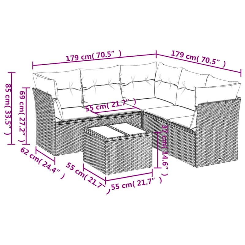 vidaXL 6 Piece Patio Sofa Set with Cushions Black Poly Rattan - 93.8x27.2x48.8