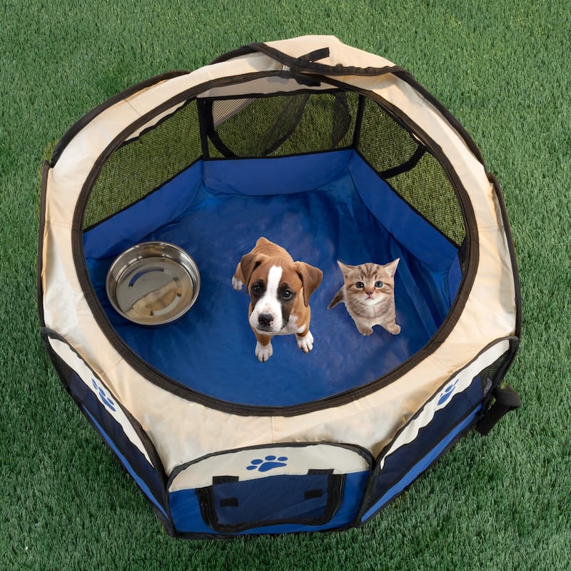Petmaker Portable Pet Playpen - Pop-Up Dog Kennel with Carry Bag - Small - Blue