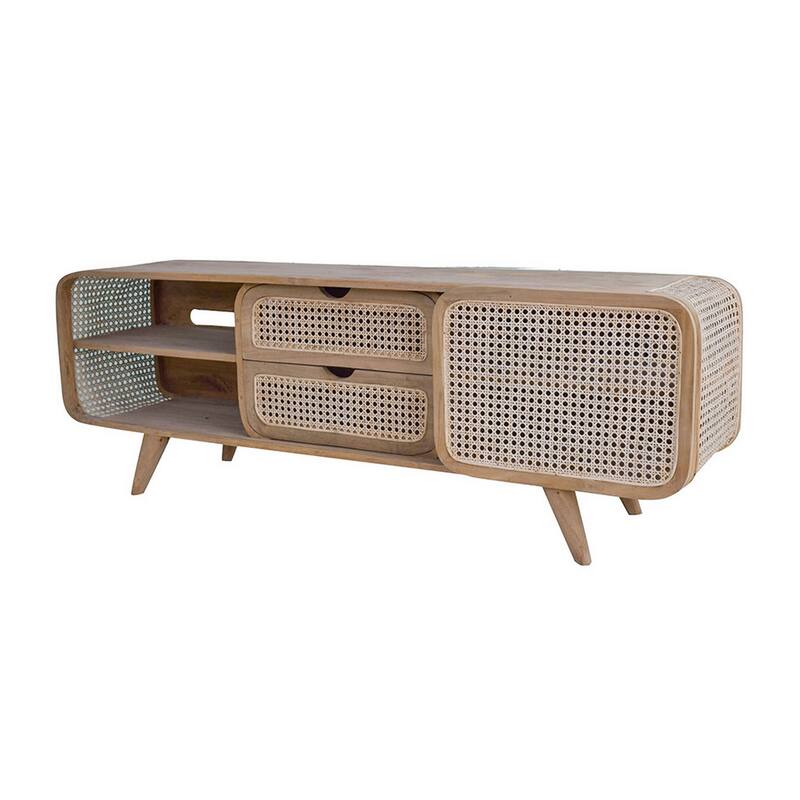 59 Inch TV Entertainment Console, Sliding Doors, Teak Wood, Rattan, Brown