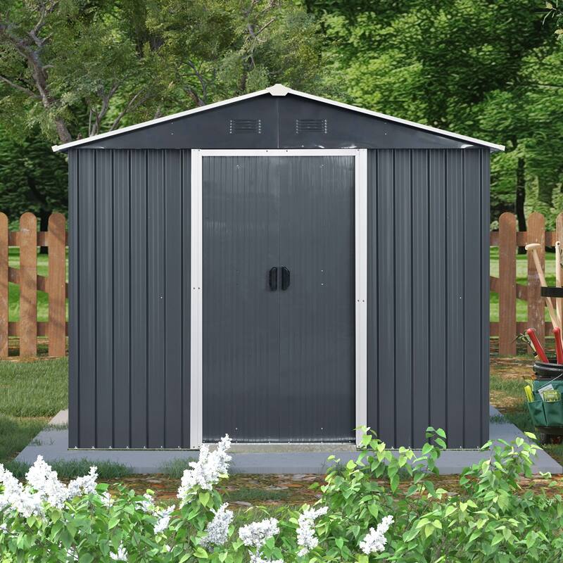 Rust-proof Metal Garden Shed with Lockable Sliding Door & Tilted Roof, Waterproof Storage Shed Tool Shed - Black White