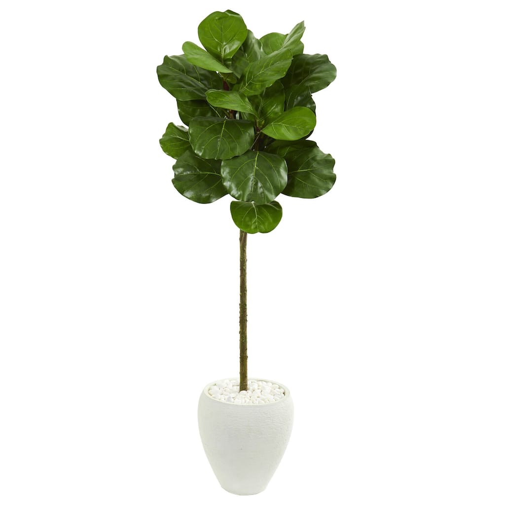Luxury Fiddle Leaf Artificial Tree - 5ft Faux Plant in White Planter - Realistic Home Decor Tree - Green - 51-60 Inches