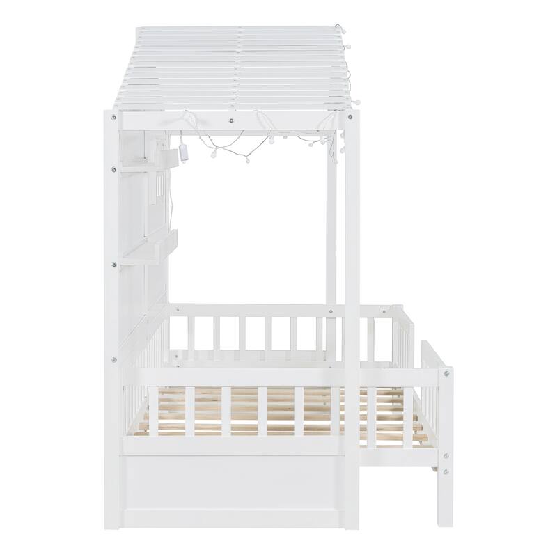 Twin Size House Bed with Shelves, Window and Light Strip