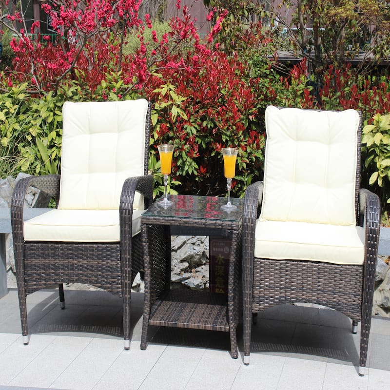 3-piece Outdoor Patio Conversation Seating Furniture Set with Cushions and Tempered Glass Top Table