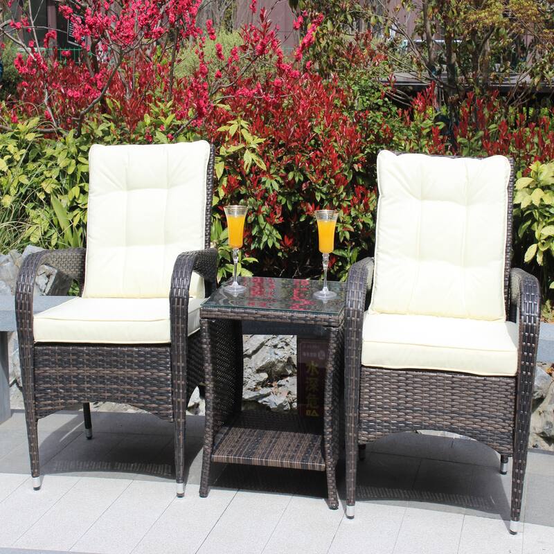Brown 3-piece Outdoor Patio Conversation Seating Furniture Set with Cushions and Tempered Glass Top Table