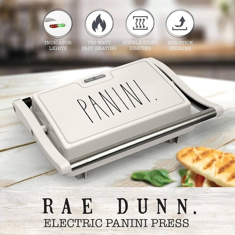 Rae Dunn Panini Maker 750 Watt 2-Slice Press Grill with Indicator Lights Opens 180 Degrees Double Sided Heating Non-stick
